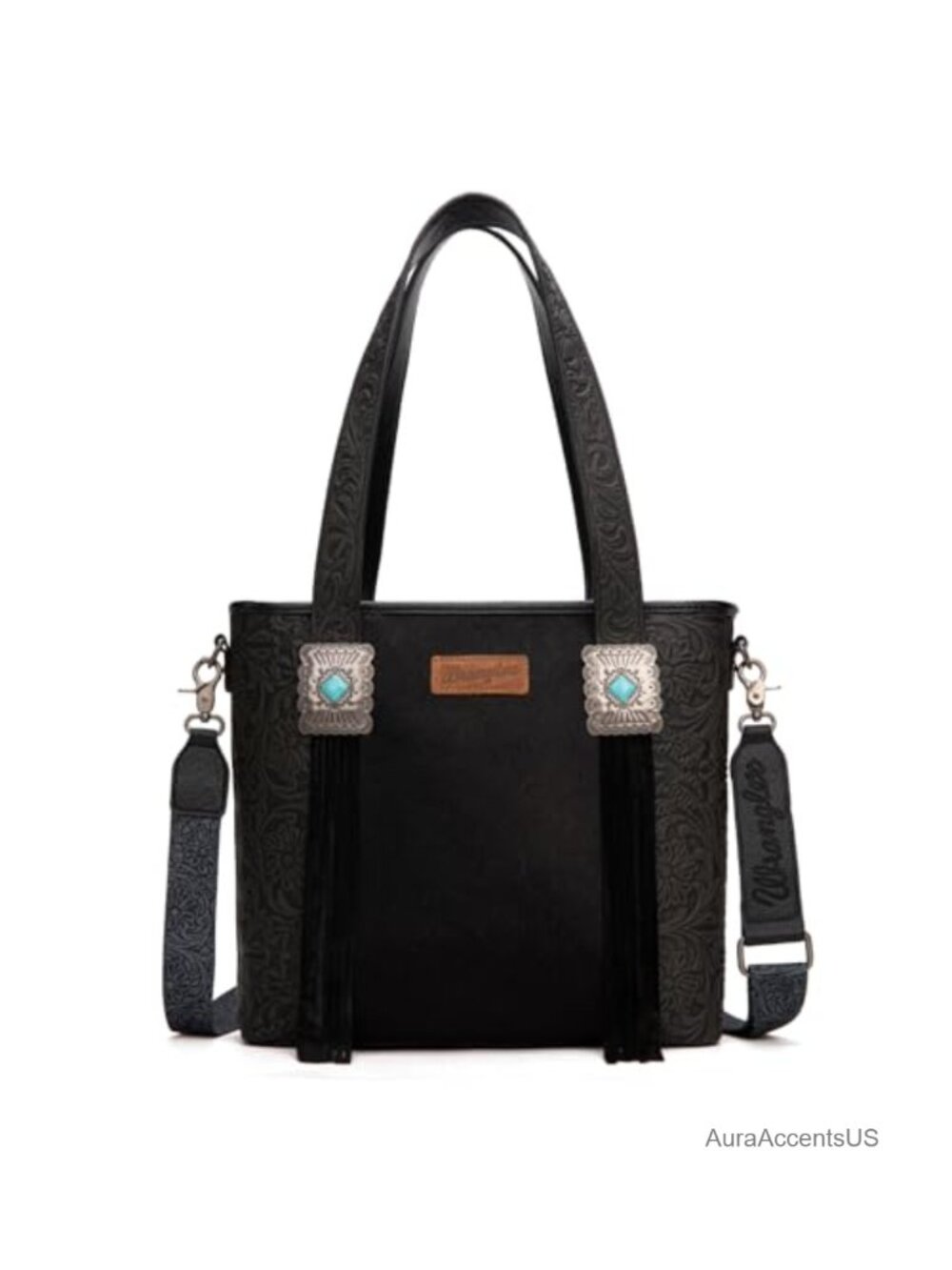 Western Cowhide Tooling Tote Bag Leather Fringing Turquoise Concho